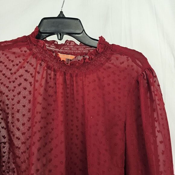 Modcloth Red Mock Neck Women's Size Large Shear Heart Print Long Sleeve Blouse - Picture 4 of 7